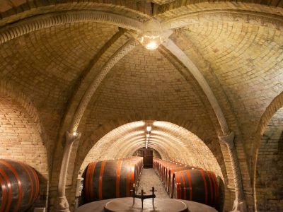 Traditional aging cellar with large Hungarian barrels